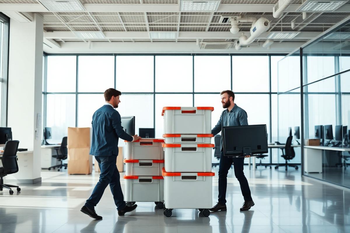 Office relocation with crates and monitors