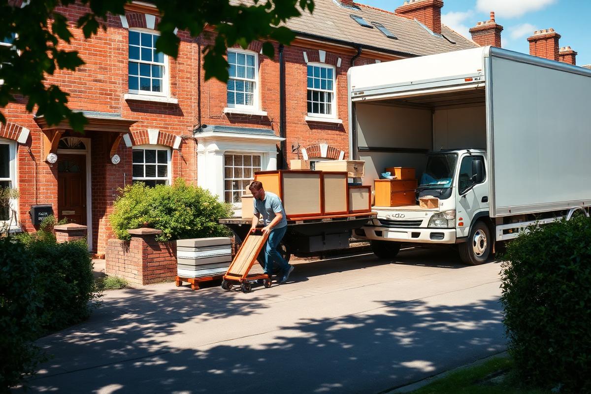 Removal truck loading outside a British terraced house