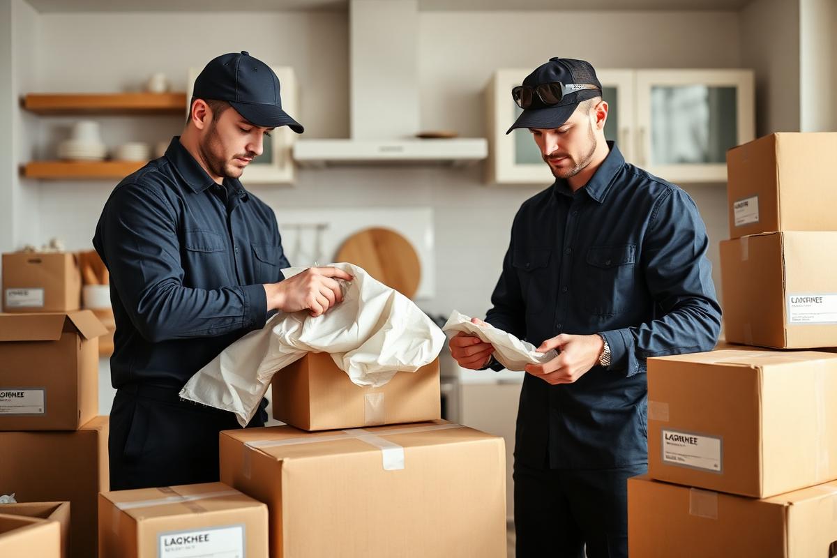 Professional packers wrapping kitchenware