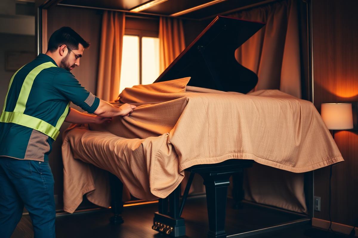 Movers wrapping a grand piano for transport
